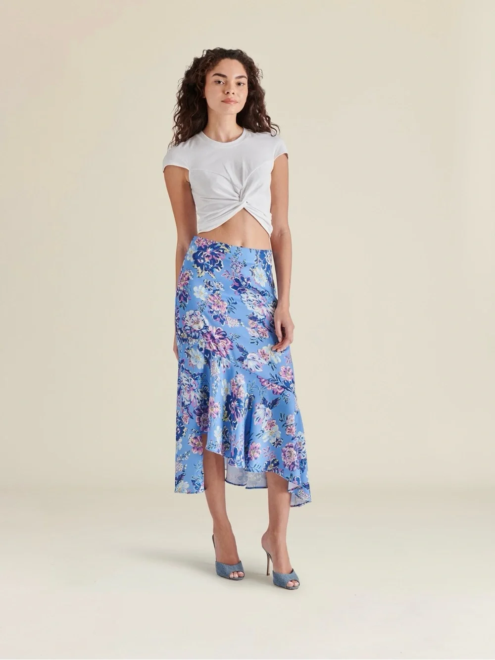 NEW Steve Madden Saskia Floral Asymmetric Midi Skirt Azure Blue Multicolor